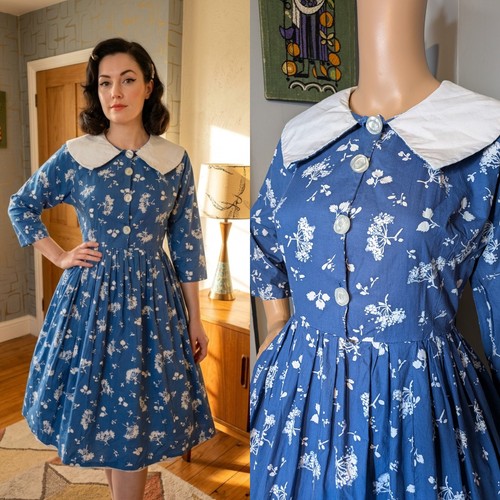 Vintage 50s blue collared fit - collared,